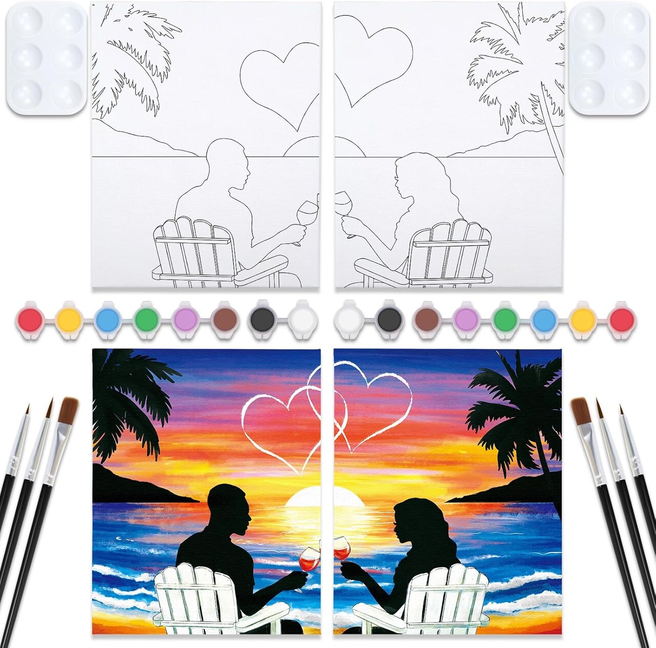 Sip and Paint Kit,Pre Drawn Canvas Couples Paint Party Kit Painting Art Set for Adults Date Night Sunset Beach Lovers 2 Pack